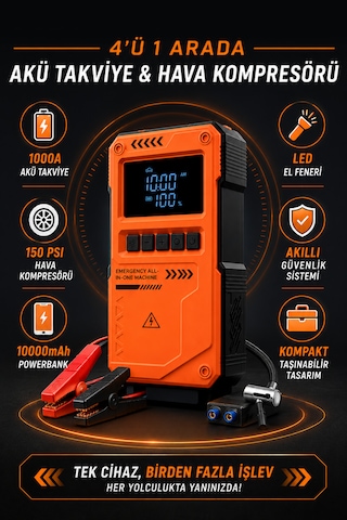 Akü Takviye Cihazı 1000a Peak Akım 4'ü 1 Arada 150 Psı Hava Kompresörü 10000mah Powerbank Led El Feneri