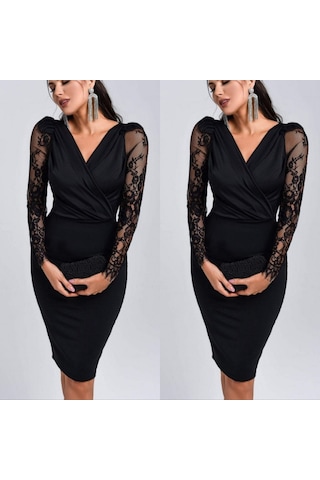Moderie Butik Kadın Uzun Kollu Kruvaze Yaka Kollar Tül Detay Ithal Krep Mini Boy Elbise Siyah