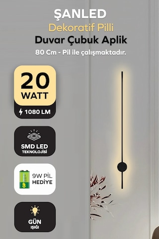 Dekoratif 20w İç Mekan Siyah Kasa Gün Işığı 80 Cm Duvar Aplik Pilli 1 Adet Siyah - Gün Işığı