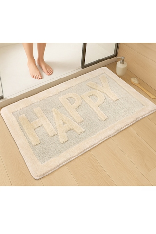 Doğal Kaymaz Taban Banyo Paspas Uzun Ömürlü Yumuşak Dokulu Su Emici Yıkanabilir Happy 60x100 Krem