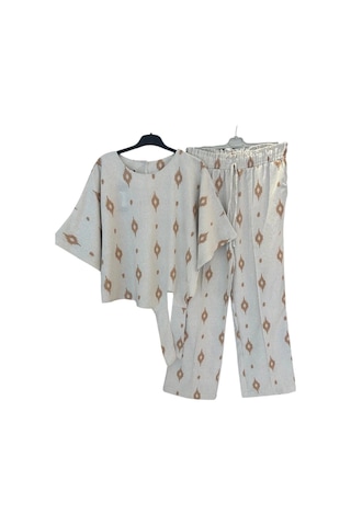 1051 Kısa Kol Önü Bağlamalı Keten Takım Kahve