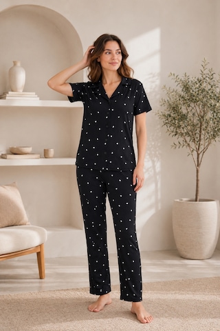 Wordex Mirano 9508 Minik Kalpli Desenli Pegasus Kumaş Düğmeli Kısa Kolu Kadın Pijama Takımı Siyah
