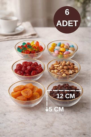 6 Lı İ Gold Yaldızlı Cam Kase - 12 Cm Şık Sunum Kasesi - Çerezlik, Magnolia,tatlı Servis Kasesi Şeffaf