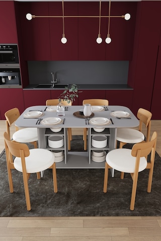 Modern Dolaplı 6 Kişilik Mutfak Yemek Masası Ve Sandalye %100 Mdf Mutfak Yemek Odası Masası Takımı Ymt06 Kül Gri