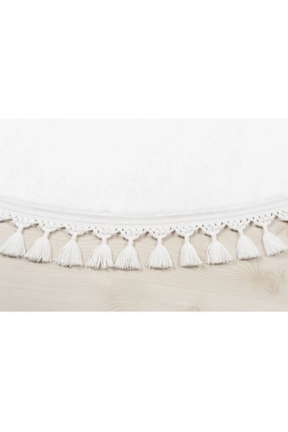 Yuvarlak Comfort Puffy Ponpon Saçaklı Peluş Halı Beyaz