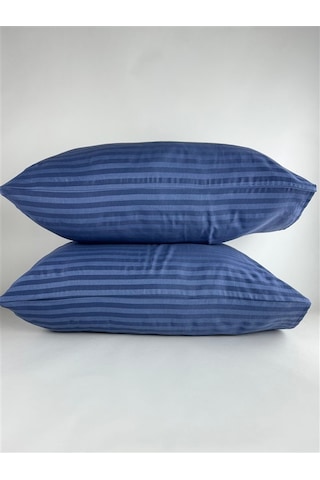 Çizgili Saten Indigo Mavi 2 Adet 50x70 Yastık Kılıfı Mavi