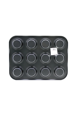 12 Gözlü Metal - Siyah Düz Muffin - Kek Kalıp Bx40 26 Cm