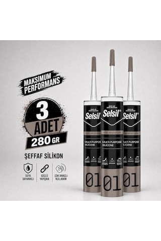 Selsil Şeffaf Genel Amaçlı Silikon 280 Gr Cam Pvc Seramik Banyo Mutfak Sızdırmazlık 3 Adet