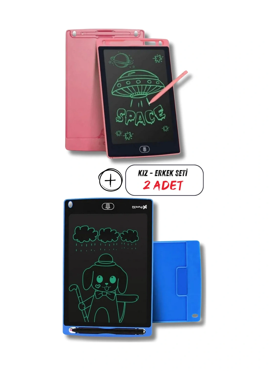 Mucit Home Kız Çocuk Pembe Tablet + Erkek Çocuk Mavi Tablet 2 Adet Digital Çocuk Yazı Çizim Tableti Lcd 8.5 Inc
