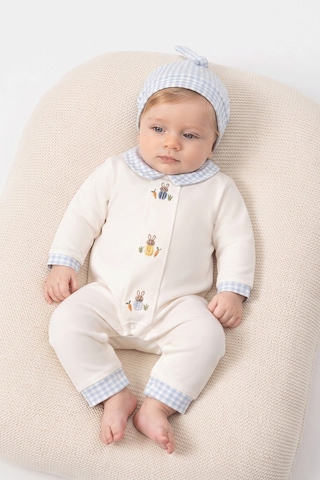 Beniizle Tavşan Nakışlı Ekose Detaylı Bebek Tulum & Şapka Mavi