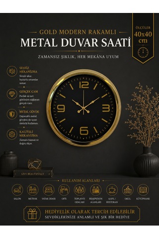 Gold Modern Rakamlı 40 Cm Metal Duvar Saati