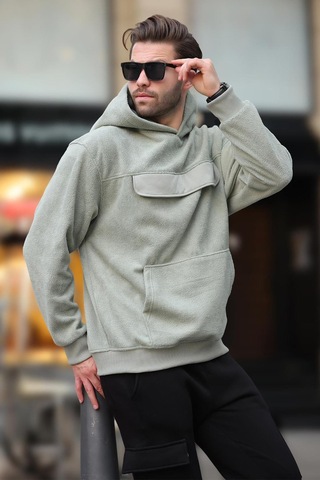Madmext Çağla Yeşili Kapüşonlu Kapaklı Cep Detaylı Polar Erkek Sweatshirt 7097 Yeşil