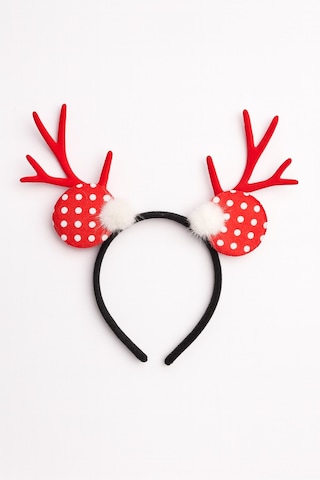 Yılbaşı Geyik Boynuzlu Puf Tüylü Kırmızı Puantiyeli Saç Bandı Yetişkin Kadın Parti Taç Aksesuar