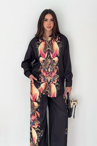 Saten Kumaş Desenli Takım Siyah Siyah