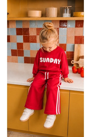 Elzo Collection Kız Çocuk Sunday Üst Baskılı Sweatshirt 3 İplik Kumaş Alt Üst Takım Kırmızı - Beyaz