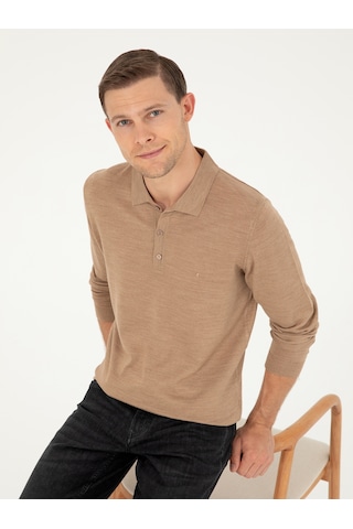 Cacharel Camel Slim Fit Yün Karışımlı Polo Yaka Basic Triko Kazak Kahverengi
