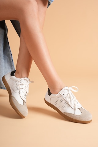 Analin Shoes Kadın Hakiki Deri Bağcıklı Süet Detaylı Spor Ayakkabı Beyaz Vizon
