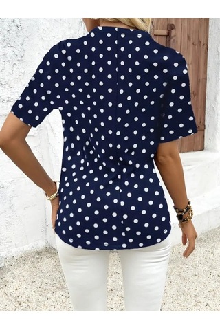 Ge Ticaret Kadın Kısa Kollu Yakadan Fermuarlı Puantiyeli Uzun Dokuma Viskon Bluz Lacivert