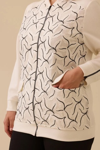 Kadın Büyük Beden Desenli Fermuarlı Kap - Ekru Ekru