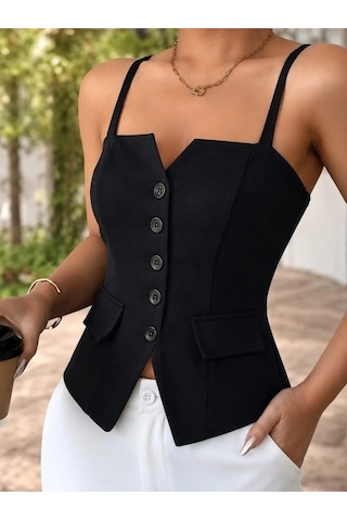 DefyModa Kadın Askılı Önü Döğmeli Atlas Bluz Siyah