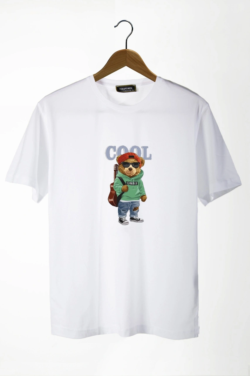 Veaven Unisex Beyaz Önü Cool Ayıcık Baskılı Bisiklet Yaka Oversize Kalıp Basic Pamuklu T-shirt Beyaz