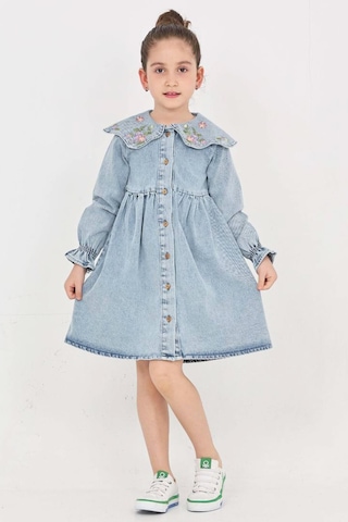 Kız Çocuk Yaka Detaylı Ve Boydan Düğmeli Jean Elbise 12339 Açık Mavi
