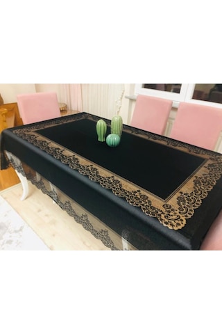 Çini Desenli Dertsiz Leke Tutmaz Dantelli Masa Örtüsü Siyah