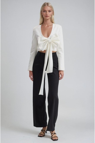 Büyük Fiyonk Detaylı Derin V Yaka Crop Blazer Ceket 6188 Beyaz
