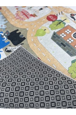 Kaymaz Tabanlı Ince Yıkanabilir Çocuk Halısı Trafik Zoo