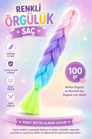 Premium Toz Pembe-mor-mavi-yeşil Ombreli Örgülük Saç 100gr