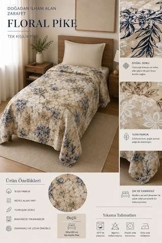 Tek Kişilik Pike Yatak Örtüsü %100 Pamuk 170x230 Lacivert