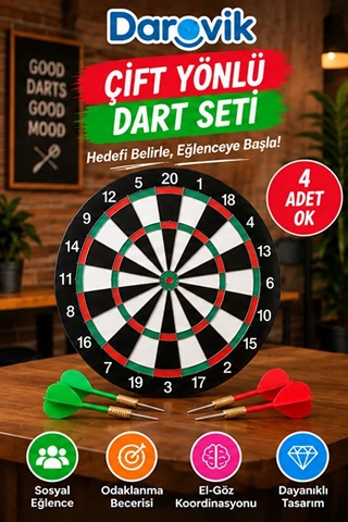 Çift Taraflı Dart Tahtası Seti 4 Çelik Oklu Dart Hedef Tahtası Oyunu Takımı