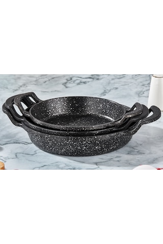 3'lü Döküm Granit Sahan Seti, Tava Seti-18cm-20cm-22 Cm İç Caplar Siyah
