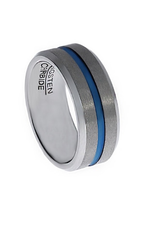 Erkek Mavi Çizgi Detay Gümüş Renk Tungsten Yüzük Silver