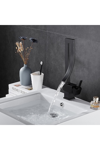 Özel Tasarım Matte Black Banyo Bataryası Retro Şelale Kare Havza Lavabo Bataryası Siyah