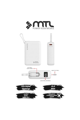 20000 Mah 22.5w Süper Hızlı Şarj Dahili Kablolu Led Göstergeli Pd Ve Qc 3.0 Powerbank Mt4550 Beyaz