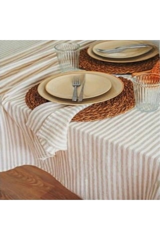 Dnc Home Tekstil Keten Bej Düz Çizgili Masa Örtüsü 001