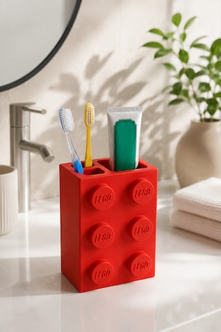 Lego Diş Fırçalığı Çocuk Ve Yetişkinlere Özel Eğlenceli Banyo Düzenleyici Diş Fırça Standı Kırmızı