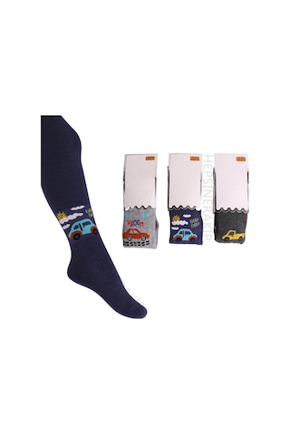 3'lü Erkek Bebek Çocuk Külotlu Çorap Renkli Araba Uçak Desenli Pamuklu KARIŞIK Çok Renkli