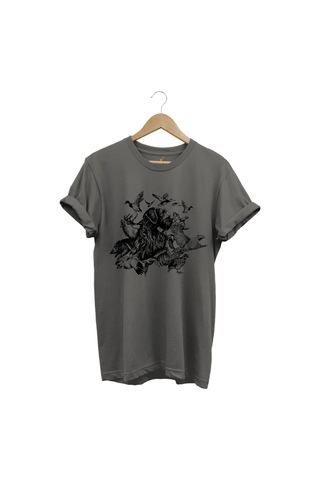 Avcılık Hunter Drahthaar Av Köpeği Ve Keklik Ördek Çulluk Baskılı Regular Fit %100 Pamuk Gri T-shirt Antrasit
