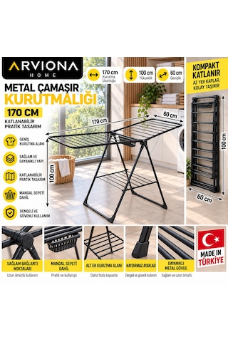 Arvıona 170 Cm Kanatlı Çamaşır Kurutmalığı Mandal Sepetli Siyah