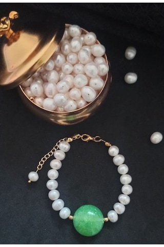 24k Altın Kaplama Gerçek İnci Zümrüt Yeşil Akrilk Detaylı Pırıltı Gold