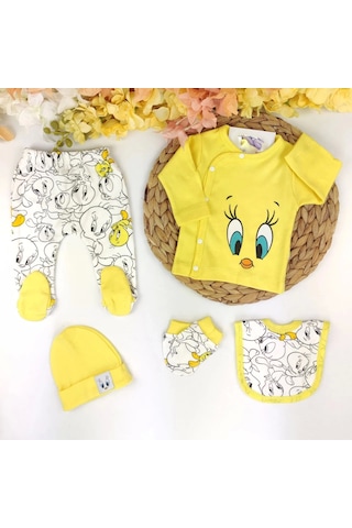 Civciv Desenli Yenidoğan 5li Hastane Çıkışı Zıbın Seti %100 Pamuk Sari
