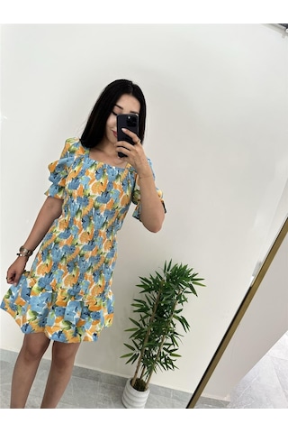 Simli Moda Çiçekli Mavi Yazlık Elbise