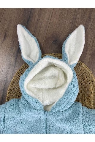 Çift Kat Wellsoft Kürklü Tavşan Kulak Unisex Kışlık Bebek Tulum Mavi
