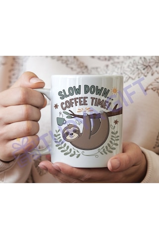 "slow Down... Coffee Time " Temalı Kahve Kupası Beyaz