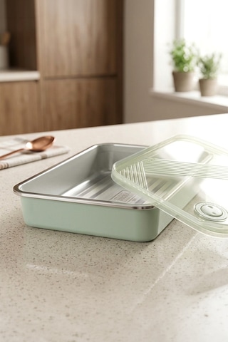 Stainless Paslanmaz Çelik Vakumlu Saklama Kabı,fırın Ve Kek Kabı 3 Lt Yemek Kabı Sefer Tası Yeşil