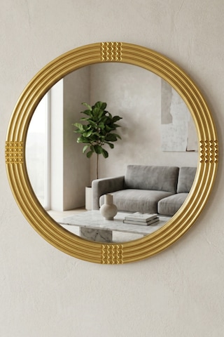 Safir Ahşap Gold Yuvarlak Ayna Işlemeli Duvar Banyo Aynası 43 Cm Gold