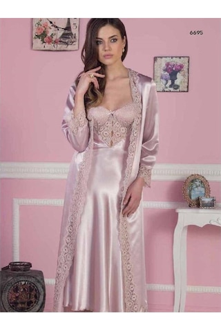 Pierre Cardin 6695 Ipek Saten 6Lı Sabahlık Pijama Takım Set Ekru