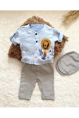 Minaz Baby Şapkalı Üçlü Takım Mavi - Gri